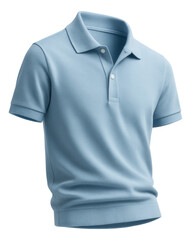 Light blue short-sleeve polo shirt with two-button collar design, featuring ribbed cuffs and hem on transparent background.
