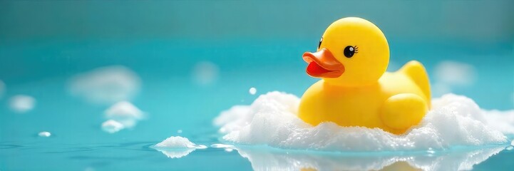 A bright yellow rubber ducky sits in a bubble bath, surrounded by foam and water droplets Perfect for relaxation, bath time, and childhood themes A cheerful and playful image , cute, playful