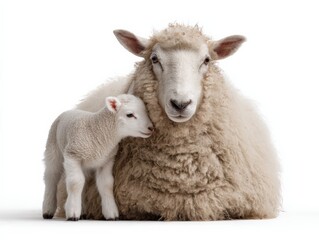 Adorable lamb nuzzles its mother sheep. A heartwarming scene of fluffy white sheep against a clean white background.
