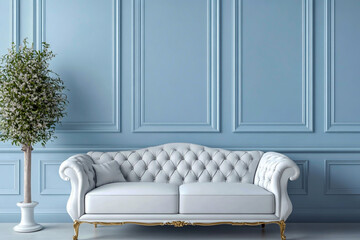 A luxurious interior scene featuring an elegant light blue wall, a sophisticated central sofa with plush upholstery, white decorative trim and golden colors, which is an elite,