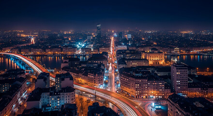 Night Cityscape with Illuminated Buildings and Light Trails