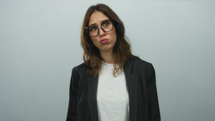 Young hispanic woman making a playful expression with pouty lips while adjusting glasses against an isolated white background showcasing casual and expressive demeanor