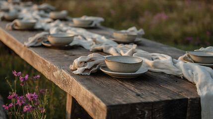 Rustic Elm Wood Table with Crumpled Beige Linen and Ceramic Bowls in Wildflower Meadow at Golden Hour