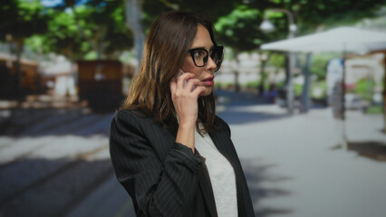 Woman talking on phone in a sunny outdoor city street setting, wearing glasses and a black blazer,...