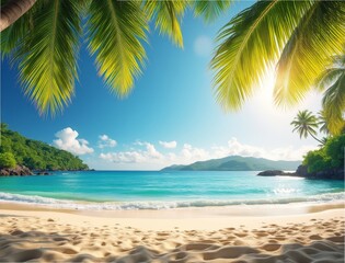 Tropical beach paradise sunny ocean palm trees