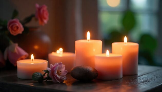 Aromatic candles burning brightly, creating a serene and calming atmosphere ideal for relaxation and healing Perfect for wellness, spa, and self-care imagery , soothing, meditation, lifestyle