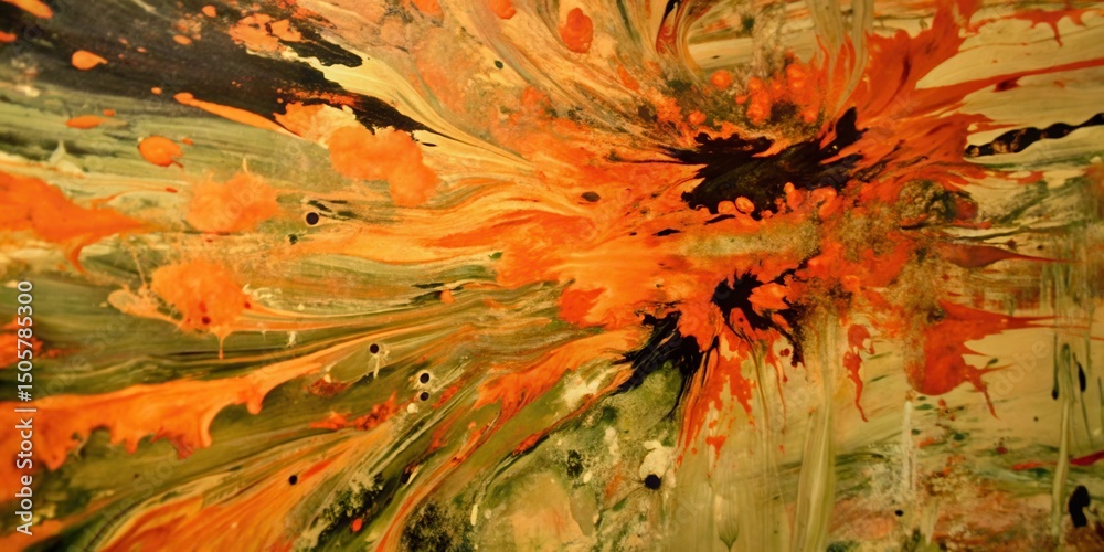 Poster A swirling abstract painting with hues of orange, green, and black, creating a dynamic and vibrant composition.