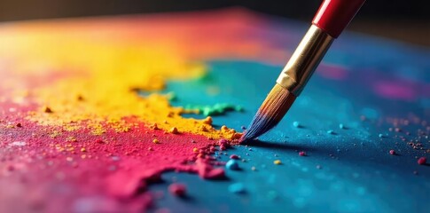 Fototapeta premium Close-up of a paintbrush poised above a vibrant canvas, ready to create a masterpiece, symbolizing the passionate pursuit of a future full of artistic expression , focus, ambition, potential