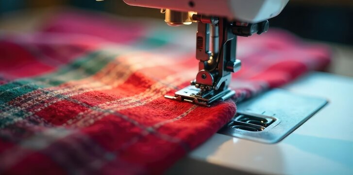 Close-up of a sewing machine stitching thick, winter-weight fabric The needle moves, creating a cozy, warm stitch Perfect for winter crafting and handmade projects , stitch, winter, wool fabric