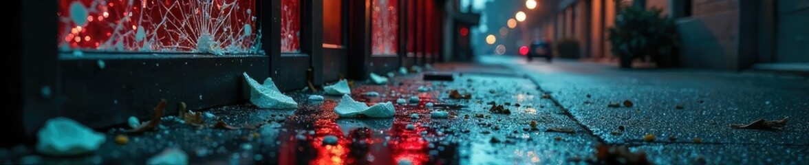Close-up shot of a shattered window, broken glass scattered on the ground, symbolizing the aftermath of a violent crime scene Evidence markers are visible nearby , debris, city