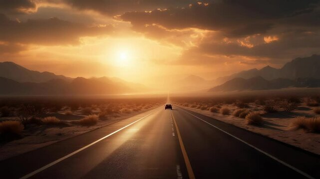 Car driving along an open road at sunset with mountains in the background