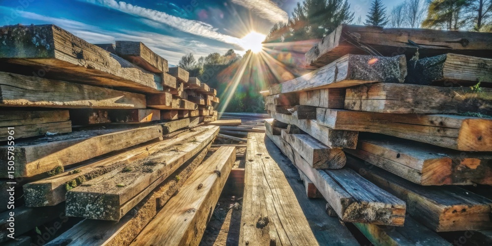 Aufkleber Sunbeams Filtering Through a Stack of Weathered Wooden Planks, Creating a Dramatic and Textured Scene