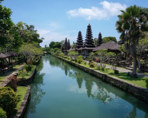 Picturesque canal with traditional temples along its banks.