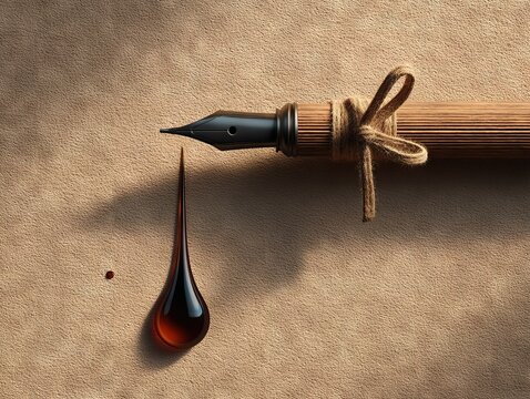 Textured Paper or Linen Background with Fountain Pen, Gift Bow, and Soft Drop Shadows Arranged Diagonally for Premium Father’s Day Stationery and Mailer Designs