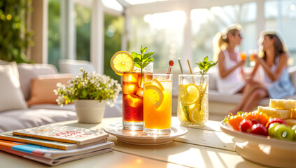 Summer patio leisure: friends enjoy refreshing drinks & food in bright sunlight. Outdoor lifestyle, sunroom gathering, garden party vibes.