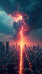 Intense clash of two powerful forces, nature versus technology; dramatic stormy sky over futuristic cityscape, conflict, energy, struggle , impact, apocalyptic