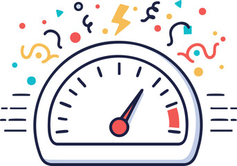 Obraz premium Speedometer gauge showing fast speed with colorful confetti vector illustration 