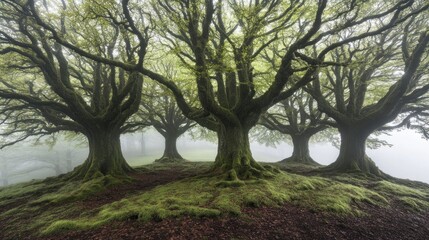 Obraz premium Ancient moss-covered trees in a misty forest.