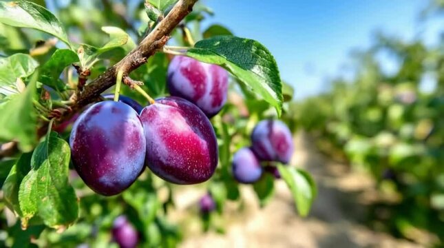Juicy ripe plums on a branch in a plum orchard on a bright sunny day, harvesting.