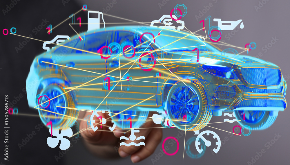 Poster Modern car technology: IoT sensors, data analysis for predictive maintenance and enhanced driving experience.