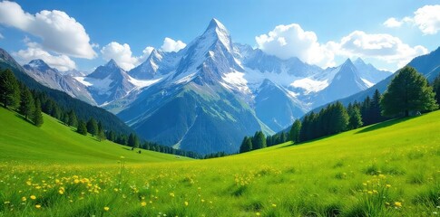 Obraz premium Majestic snow-capped Alps mountain range, pristine alpine meadows stretching to the horizon under a vibrant blue sky Perfect for travel, nature, and landscape projects , green, Italy, travel