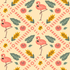 Seamless tropical pattern with pink flamingos, hibiscus flowers, jungle leaves, and tribal geometric elements on a warm beige background.
