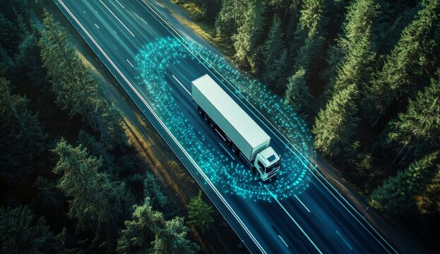 Illustration of autonomous truck driving on highway. Traffic sensors scan surroundings. Cargo delivery, future transportation powered by AI. Self-driving vehicle on road