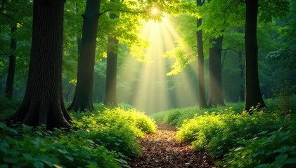 Obraz premium Serene forest scene perfect for nature meditation; sunlight dappling through leaves, peaceful atmosphere, tranquil sounds of nature , yoga, animals