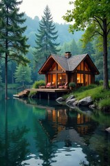 Fototapeta premium Serene lakeside cabin retreat, perfect for a relaxing leave wellness getaway Escape the everyday stress and reconnect with nature Enjoy tranquility and rejuvenation , wellbeing, mindfulness, serenity