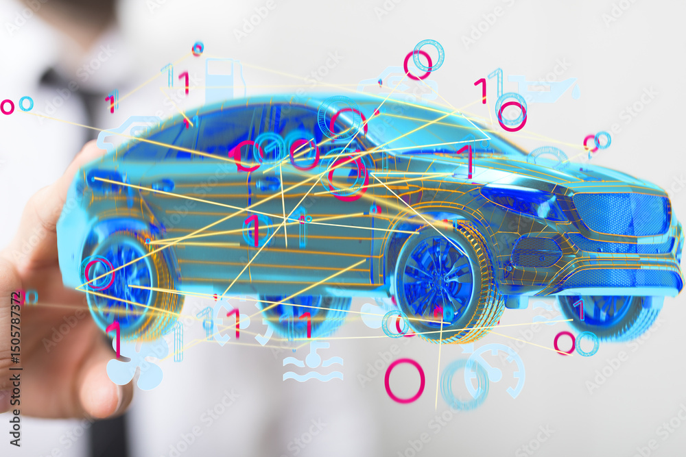 Poster Innovative car technology.  Digital visualization of connected car data and diagnostics.