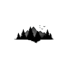 Obraz premium Minimalist black and white illustration of mountain range with pine trees and birds flying above, evoking sense of tranquility and nature