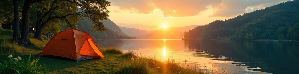 Obraz premium Serene sunrise over a tranquil camping site nestled amongst lush green trees and a sparkling lake Perfect for relaxation and outdoor adventures , tranquility, scenic