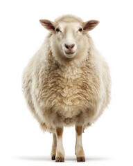 Fototapeta premium Fluffy sheep staring straight ahead against a white background.
