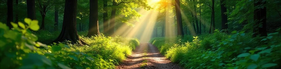 Fototapeta premium Sun-dappled forest path meandering through lush greenery, sunlight filtering through leaves, creating a magical atmosphere Perfect for nature, travel, and fantasy themes , fantasy, background