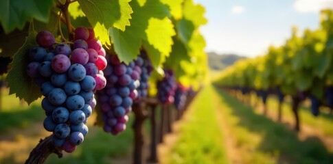 Fototapeta premium Sun-drenched rows of ripe grapes hanging heavy on the vine, ready for harvest Lush green leaves frame the perfect bunches, promising a superb vintage , wine grapes, terroir, wine