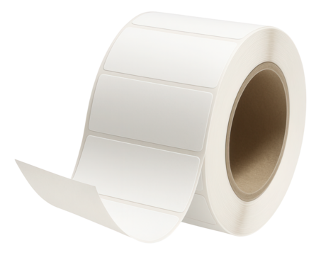 Roll of blank adhesive labels with rectangular shape, ready for printing and labeling on transparent background.