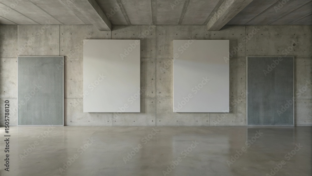 Poster minimalist empty room with concrete walls, ceiling, and floor, featuring three large blank canvas mo