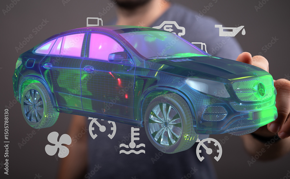 Poster futuristic image of a car hologram with digital warning lights and indicators.