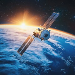 Obraz premium Satellite Orbiting Earth During Sunrise in Outer Space