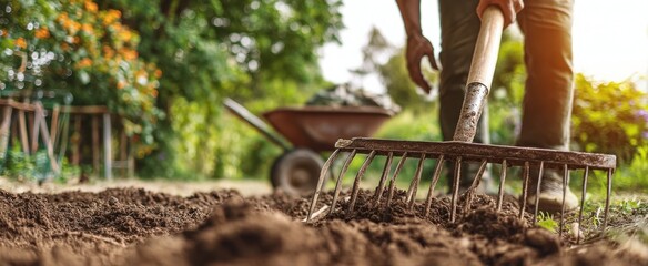 The gardener raking soil in a sunlit backyard for planting.