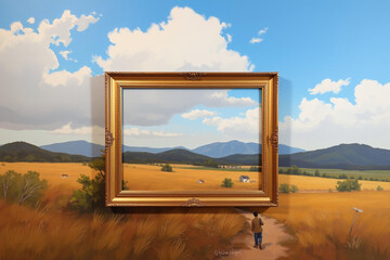 Fototapeta premium A man stands before a surreal framed landscape of golden fields and distant mountains