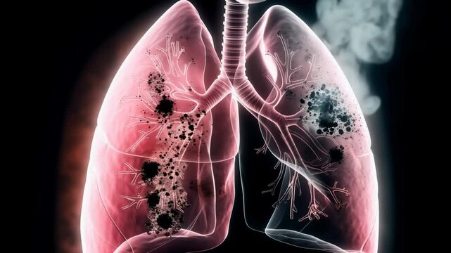 Detailed view of human lungs showing impacted areas due to various respiratory conditions and health factors in a scientific illustration
