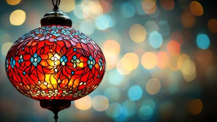 Ornate red and floral glass hanging lantern against a bokeh background - Powered by Adobe