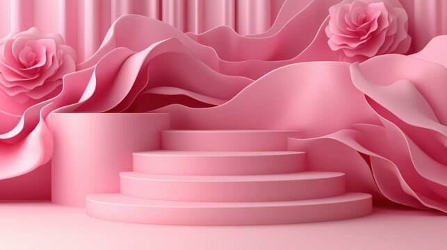 Pink - themed 3D Scene with Roses, Wave - like Shapes and Step - up Display Stands, Ideal for Fashion Shows, Beauty Product Displays, Wedding Planning, Product Launches
