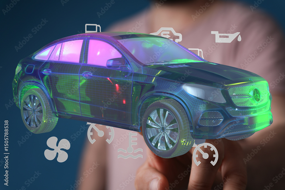 Poster innovative technology for car maintenance. visualize and diagnose car issues easily.