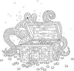 Awful octopus guarding an old treasure chest filled with gold coins on a sea bottom after a shipwreck in a terrible storm, black and white outline vector cartoon illustration for a coloring book