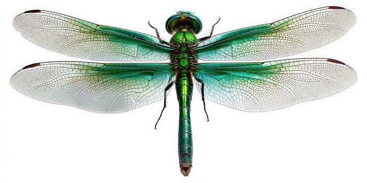 Vibrant green dragonfly with translucent wings, isolated on white.