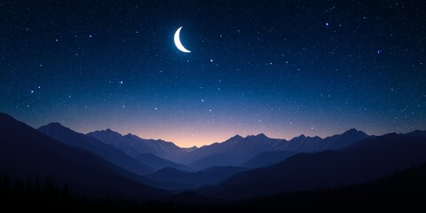 Stunning night landscape featuring a crescent moon and starry sky above layered mountain silhouettes. The soft gradient of twilight adds depth and serenity, making it ideal for nature themes, meditati