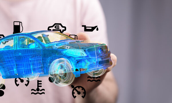 Modern car service, digital inspection, auto repair, vehicle diagnostics.