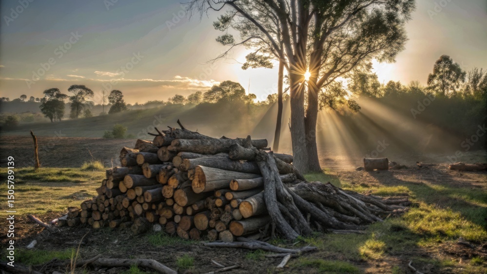 Poster a large stack of cut logs rests beside a majestic tree, bathed in the golden light of the setting su
